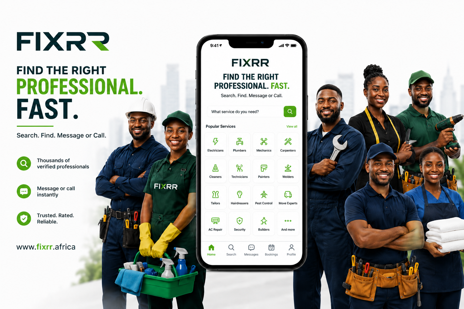 FIXRR app on phone held by hand, showing professional services with a team of skilled African workers